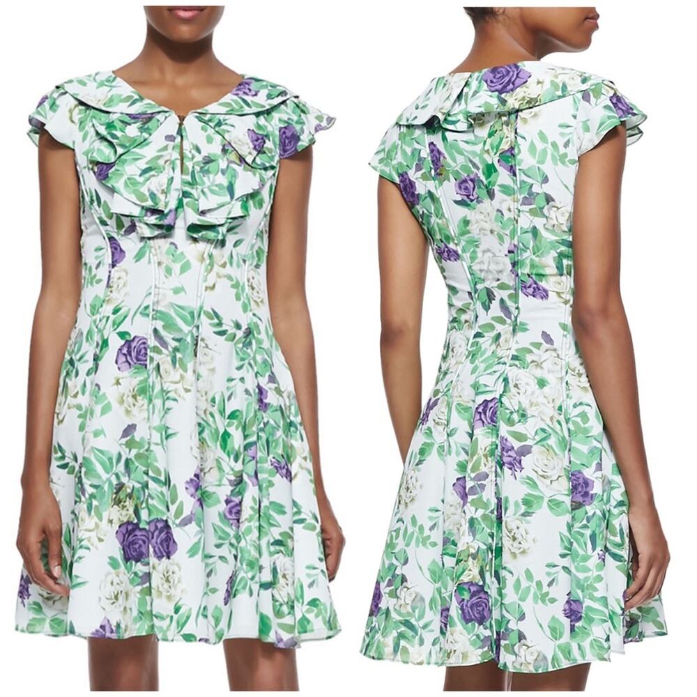 Zac Zac Posen Floral Fit-&-Flare Ruffle Dress Size 6 Cap Sleeve V-Neck Piping